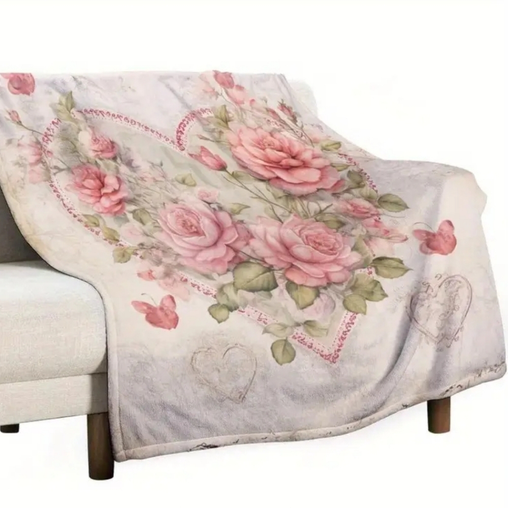 Soft Pink Roses & Heart Floral Print Flannel Throw Shabby Chic Fleece Blanket